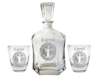 Tree of Life Glass Whiskey Decanter and Lowball Glass Set, Free Personalized Engraving