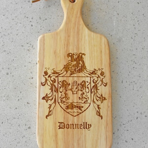 Donnelly Irish Family Coat of Arms Cutting Board With Handle 13&quot; x 5 1/2&quot; x 3/4&quot; Free Personalized Engraving