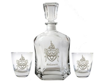 Custom Family Crest Decanter and Rocks Glass Set, Custom Engraved Coat of Arms