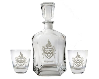 Custom Family Crest Decanter and Rocks Glass Set, Custom Engraved Coat of Arms