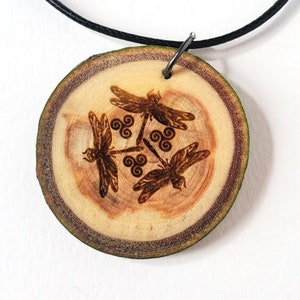 Celtic Dragonfly Wooden Pendant Necklace, Engraved Personalization, Triskelion Celtic Symbol Necklace