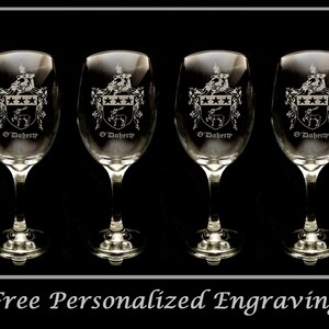 O’Doherty Irish Coat of Arms Clear Wine Glass 18oz Set of 4 - Free Personalized Engraving, Large Wine Glass, Celtic Decor, Irish Wedding