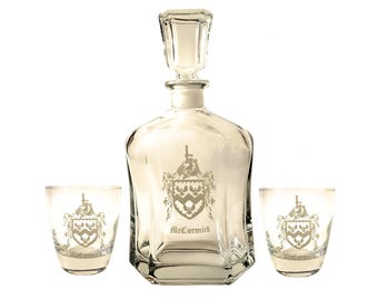 Personalized Family Crest Decanter & Rocks Glass Set, Engraved Whiskey Decanter, Christmas Gift for Him, Custom Gift for Dad