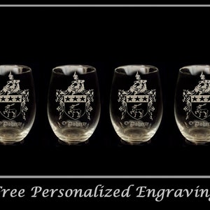 May include: Set of four clear glass stemless wine glasses with a personalized engraving of a coat of arms and the name "O'Doherty". Free personalized engraving.