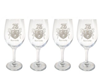 Kennedy Irish Coat of Arms Engraved Stemless Wine Glass Family Crest 