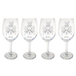 White English Family Coat of Arms Clear Wine Glass 18oz Set of 4 - Free Personalized Engraving, Large Wine Glass