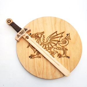 Dragon Wooden Sword and Shield, Free Name Engraving, Hardwood Practice Swordplay Set