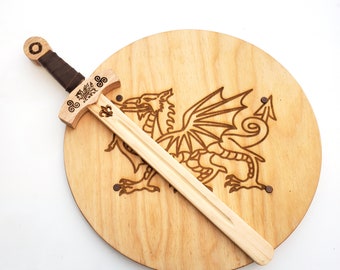 Dragon Wooden Sword and Shield, Free Name Engraving, Hardwood Practice Swordplay Set