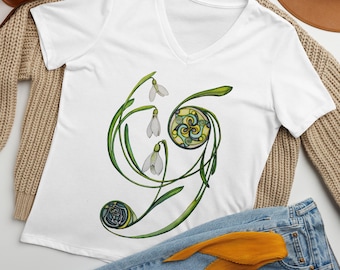 Keltische Schneeglöckchen Blumen Frauen entspanntes T-Shirt mit V-Ausschnitt