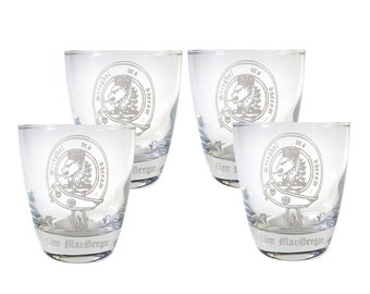 MacGregor Scottish Clan Crest Clear Lowball Rocks Glass 10oz Set of 4 - Free Personalized Engraving, Celtic Decor, Scottish Glass