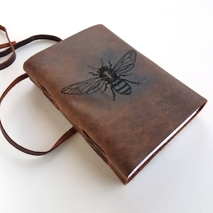 Honey Bee Leather Journal, Free Personalization 5&quot; x 7&quot; Blank Buffalo Leather Journal With Choice of Lined and Unlined Paper