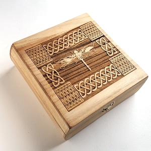 Celtic Knotwork Dragonfly Wooden Box: 7.5&quot; x 7.5&quot; x 2.75&quot; Free Custom Engraved Personalization