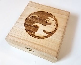 Yin Yang Cat Wooden Box: 7.5" x 7.5" x 2.75" Free Custom Engraved Personalization