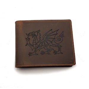 Cartera de cuero para hombre con diseño de dragón galés, personalización grabada gratuita, billetera plegable de cuero italiano de grano completo