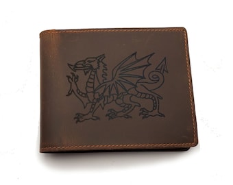 Portafoglio da uomo in pelle Welsh Dragon, personalizzazione incisa gratuita, portafoglio bi-fold in pelle italiana pieno fiore