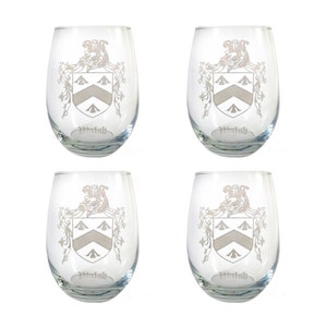 Walsh Irish Coat of Arms Clear Stemless Wine Glass 18 oz Set of 4 - Free Personalized Engraving, Celtic Decor, Irish Wedding Glass