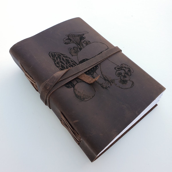 Mushroom Hunting Leather Log Book, Free Personalization 5" x 7" Blank Leather Journal With Unlined Paper