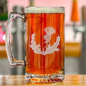Scottish Thistle Engraved Glass 26oz Stein, Flower Of Scotland Beer Mug GIft For Him