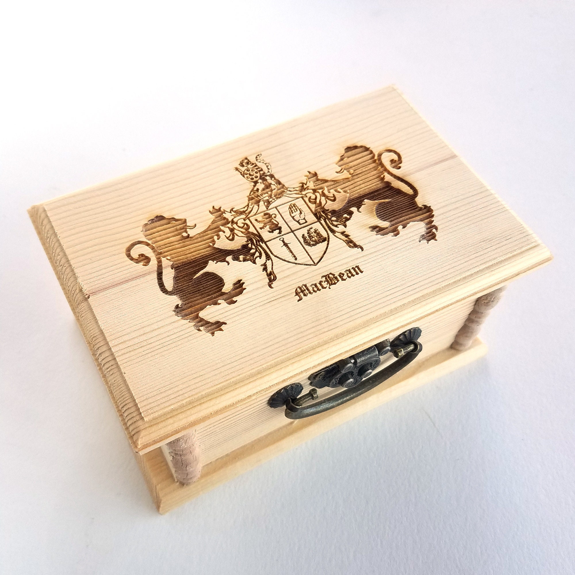 Custom Family Crest Latched Wooden Box : Free Engraved