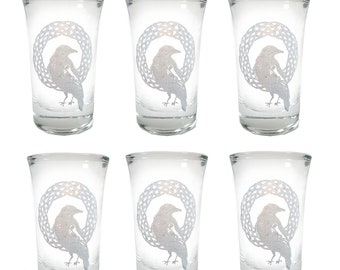 Celtic Raven Shot Glass Set de 6- Grabado personalizado gratuito, vasos de chupito personalizados de 1,5 oz,