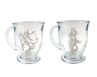 Mermaid And Octopus Coffee Mug Set: Free Personalization, 16 ounce Pair of Coffee Cups