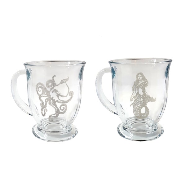 Mermaid And Octopus Coffee Mug Set: Free Personalization, 16 ounce Pair of Coffee Cups