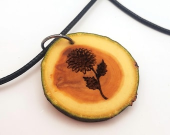 Dahlia Flower Wooden Pendant Necklace, Engraved Personalization, Tree Slice Floral Pendant