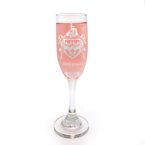 Custom Family Crest Engraved Glass Champagne Flute 6 oz, Engraved Coat of Arms
