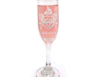 Custom Family Crest Engraved Glass Champagne Flute 6 oz, Engraved Coat of Arms