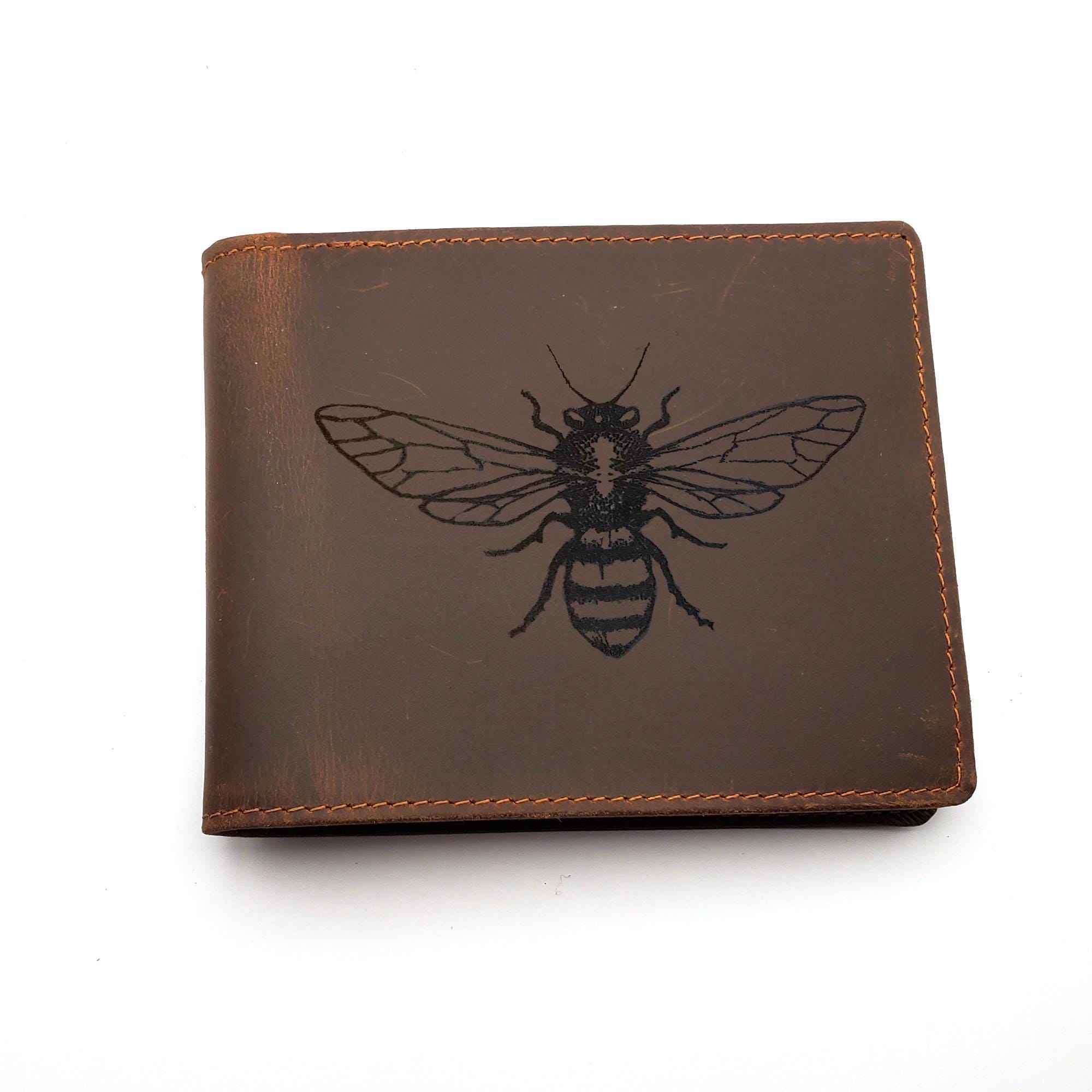 Honey Bee Design Mens Leather Wallet, Free Engraved Personalization, Full Grain Italian Leather Bi-fold Wallet