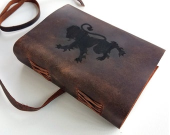 Lion Rampant Mens Leather Journal, Free Personalization 5" x 7" Blank Buffalo Leather Journal With Choice of Lined or Unlined Paper