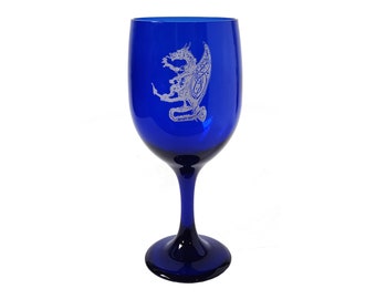 Celtic Dragon Cobalt Blue Wine Glass - Free Personalized Engraving, Deep Blue