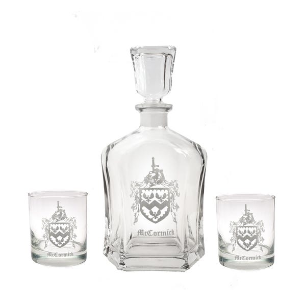 Custom Family Crest Decanter and Whiskey Glass Set, Custom Engraved Coat of Arms