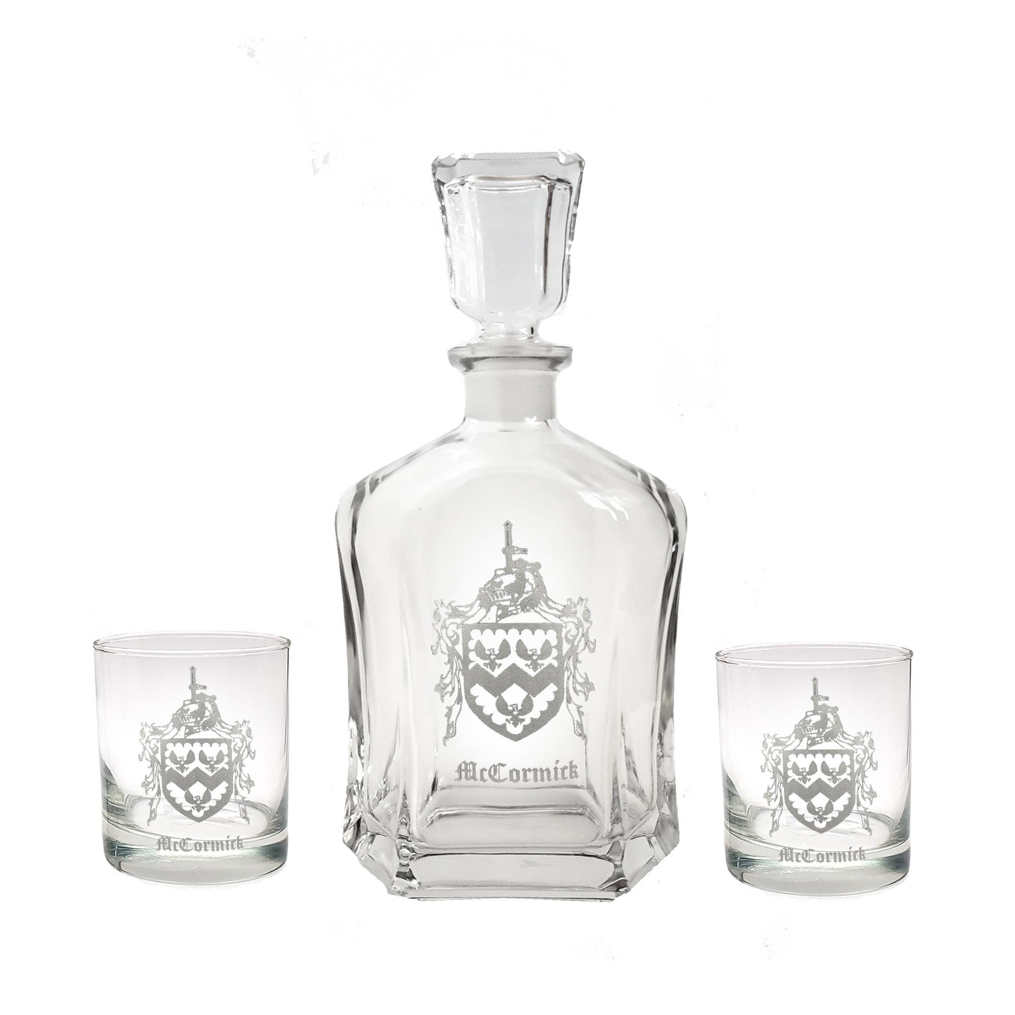 Custom Family Crest Decanter and Whiskey Glass Set, Custom Engraved Coat of Arms