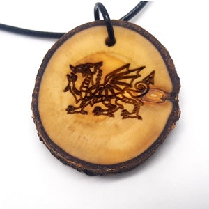 Welsh Dragon Wooden Pendant Necklace, Engraved Personalization, Wales Cymru Necklace