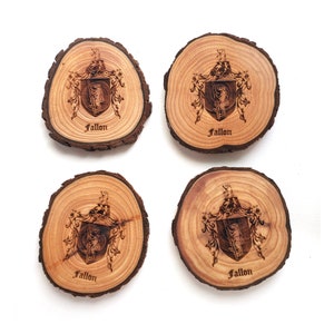 Custom Family Crest Natural Wood Slice Coaster set of 4, Engraved Actual Coat of Arms