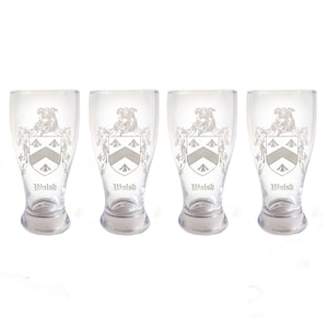 Walsh Irish Coat of Arms Pint Glass Set of 4- Free Personalized Engraving, Family Crest Beer Glass