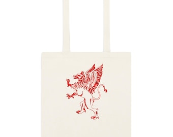 Red Griffin Cotton Canvas Tote Bag with a Heraldic Gryphon Design, a Reusable Market and Book Bag for Fantasy and Medieval Lovers