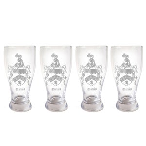 Davis English Family Coat of Arms Pint Glass Set of 4 : Free Shipping & Personalized Engraving