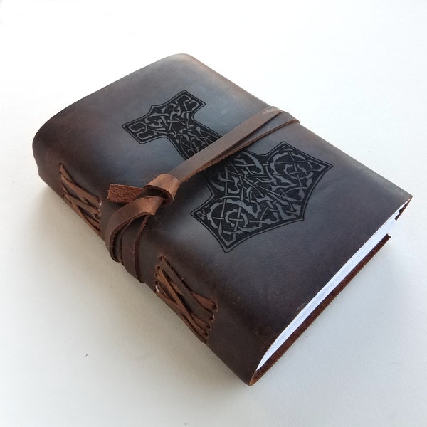 Mjölnir Thor's Hammer Mens Leather Journal, Free Personalization 5" x 7" Blank Buffalo Leather Journal With Unlined Paper