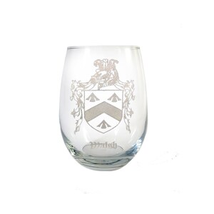 Walsh Irish Coat of Arms Clear Stemless Wine Glass 18 oz- Free Personalized Engraving