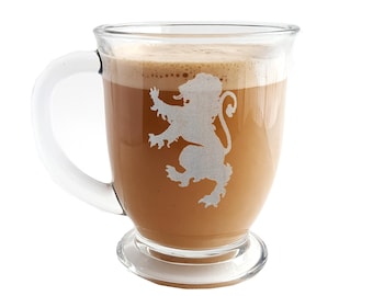 Lion Rampant Glass Coffee Mug Engraved Personalization Included, 16-ounce Large Tea Cup