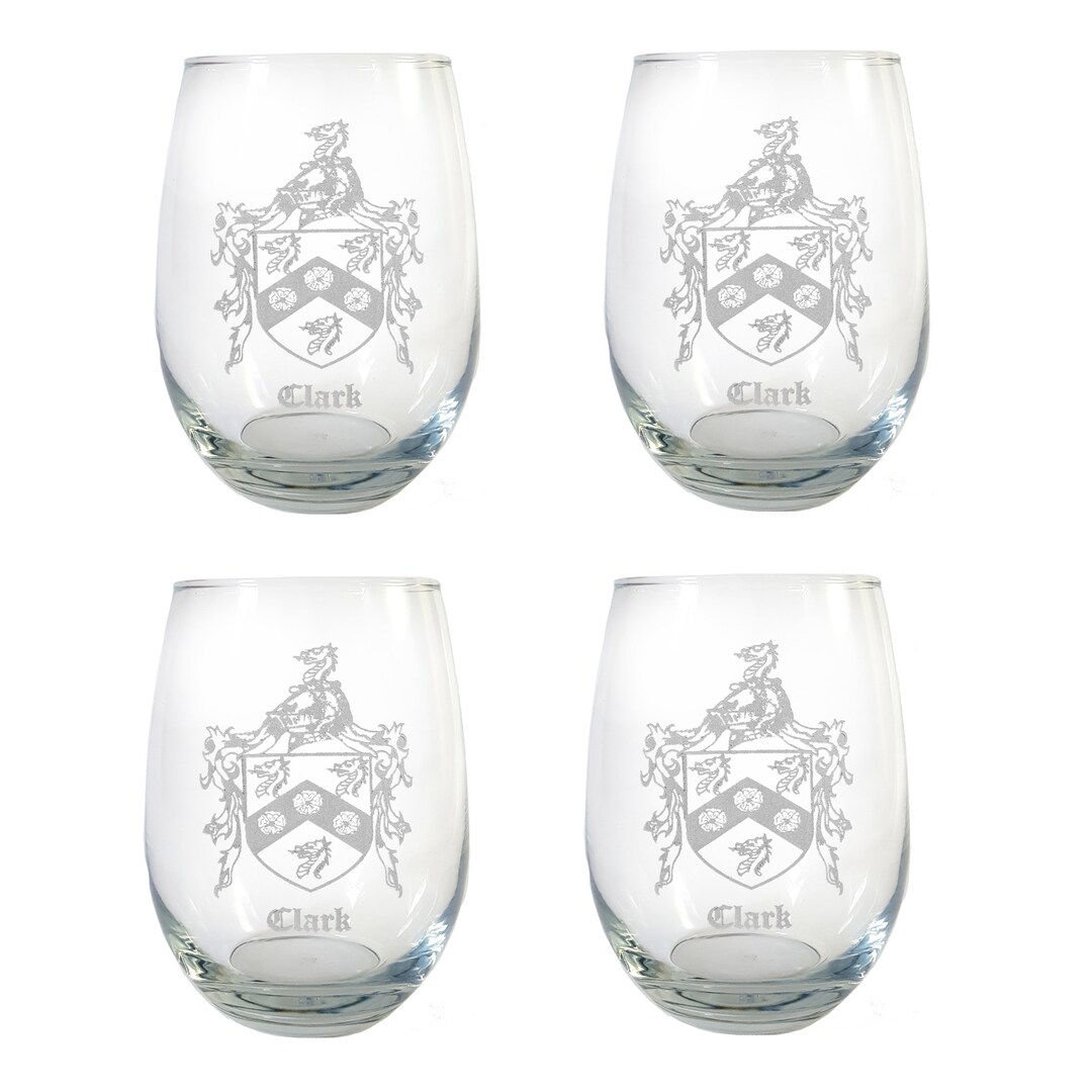 Clark English Family Coat of Arms Clear Stemless Wine Glass 18 Oz Set ...