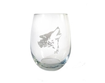 Howling Wolf 18oz Clear Stemless Wine Glass - Free Personalized Engraving