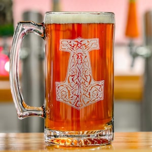Mjölnir Thor&#39;s Hammer 26oz Beer Stein - Free Personalized Engraving, Custom Made Beer Mug Gift