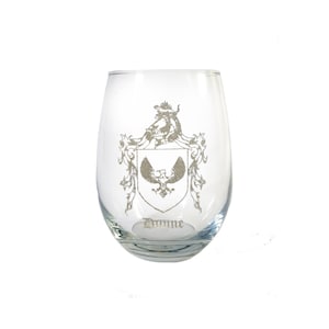 Dunne Family Coat of Arms Clear Stemless Wine Glass 18 oz - Free Personalized Engraving