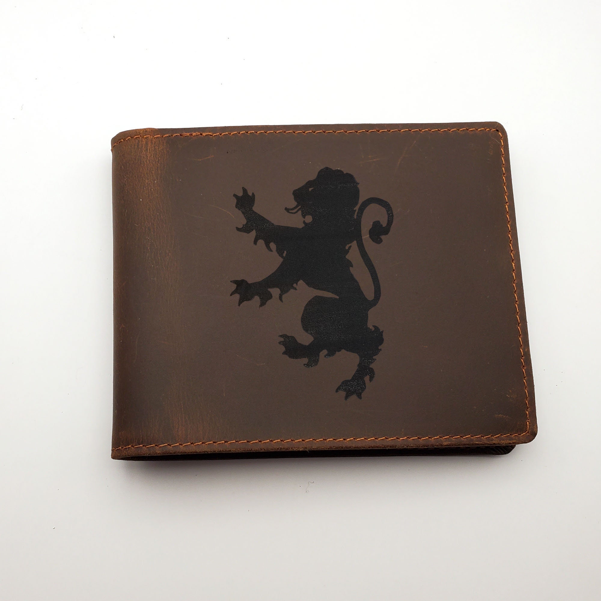 Lion Rampant Mens Leather Wallet, Free Engraved Personalization