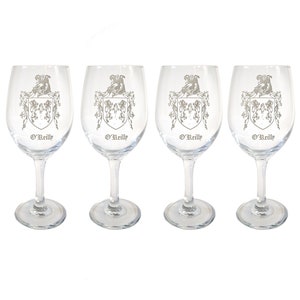 O&#39;Reilly Irish Coat of Arms Clear Wine Glass 18oz Set of 4 - Free Personalized Engraving, Large Wine Glass