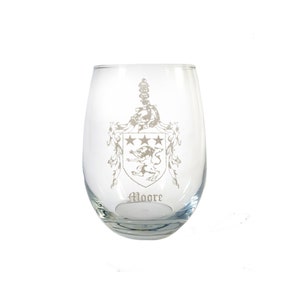 Moore Irish Coat of Arms Clear Stemless Wine Glass 18 oz - Free Personalized Engraving
