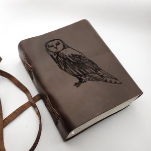 Owl Leather Journal, Free Personalization 5" x 7" Blank Buffalo Leather Journal With Unlined Paper, Barn Owl Design
